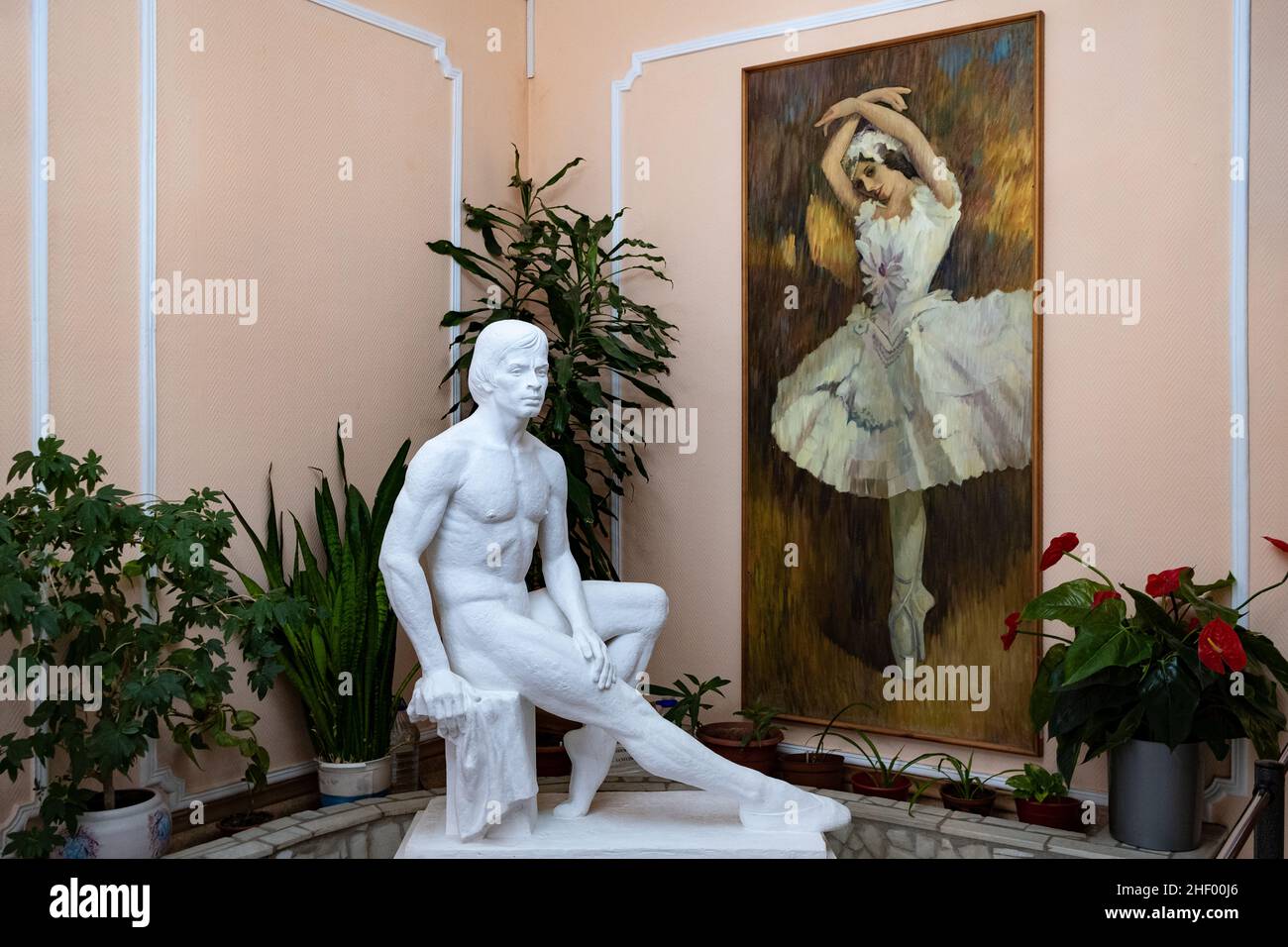 The statue of the world-famous Tatar ballet dancer Rudolf Nureyev at the choreography school in Ufa, Russia, where he has been trained his first balle Stock Photo