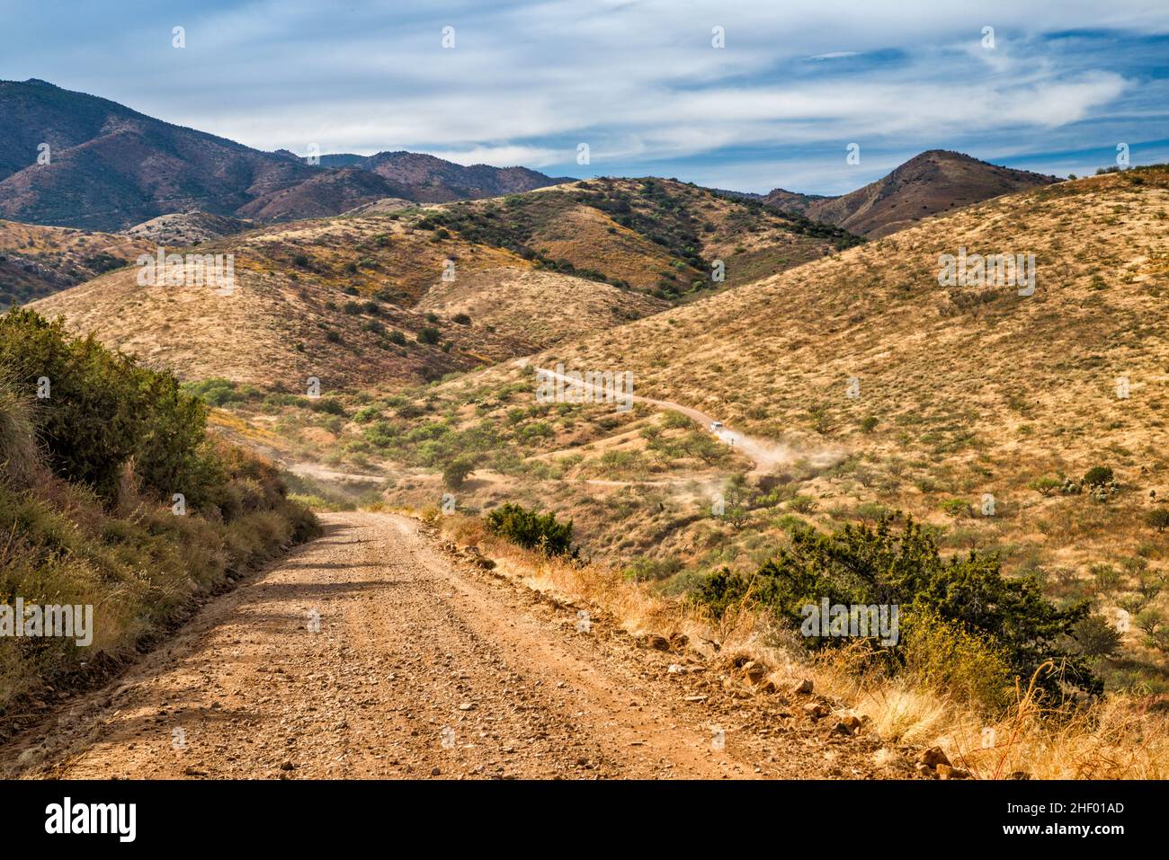 Santa Catalina Mountains, Mt Lemmon Highway, vehicle creating a dust