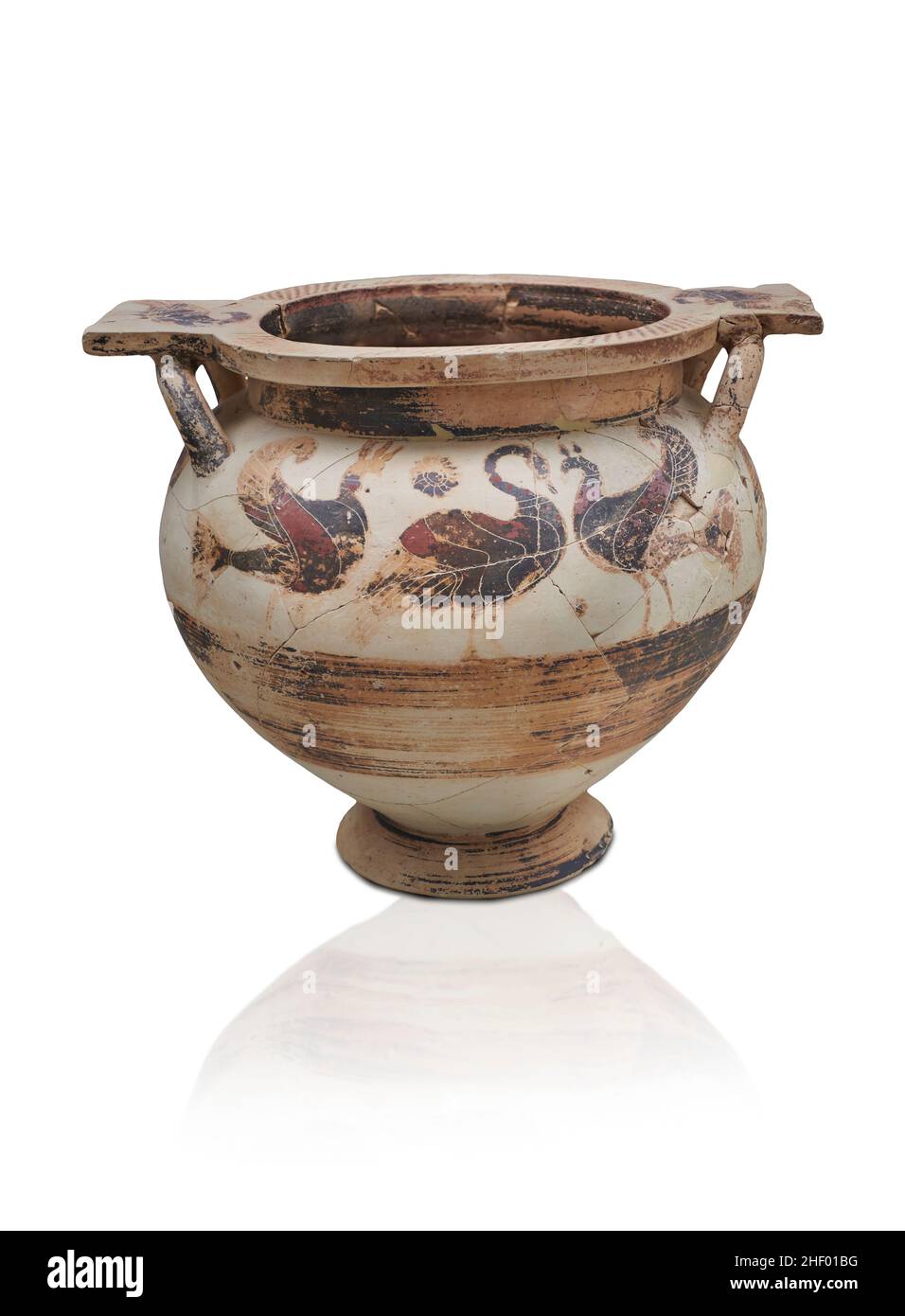 Ancient Greek Corinthian style pottery Krater decorated with birds, 6th cent BC, Kokkinia tomb II, 1250 -1180 BC . Mycenae archaeological site Museum, Stock Photo