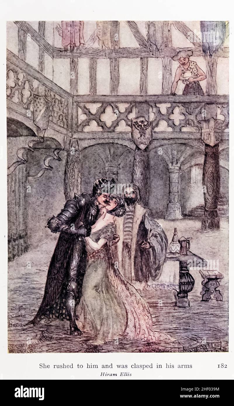 She rushed to him and was clasped in his arms by Hiram Ellis. from Gutenfels, a Romance in the book ' Hero tales & legends of the Rhine ' by Lewis Spence, published London : G.G. Harrap 1915 Stock Photo