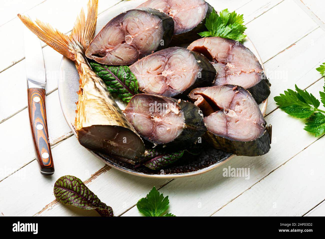 Fragrant tuna mackerel smoked in spices. Pieces of salted Stock