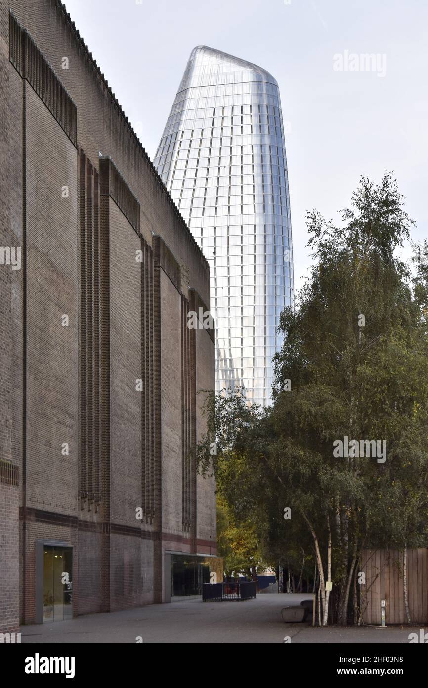 Tate Modern art gallery building with One Blackfriars glass skyscraper