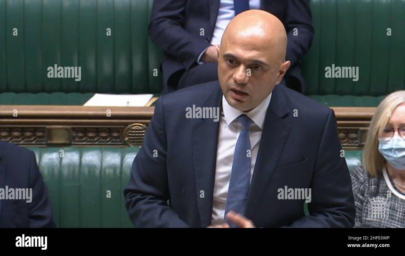 Health Secretary Sajid Javid in the House of Commons announcing that the time Covid-19 cases in England have to spend in self-isolation will be cut to allow people to leave after completing a 'minimum' of five full days, with negative tests on days five and six. Picture date: Thursday January 13, 2022. Stock Photo