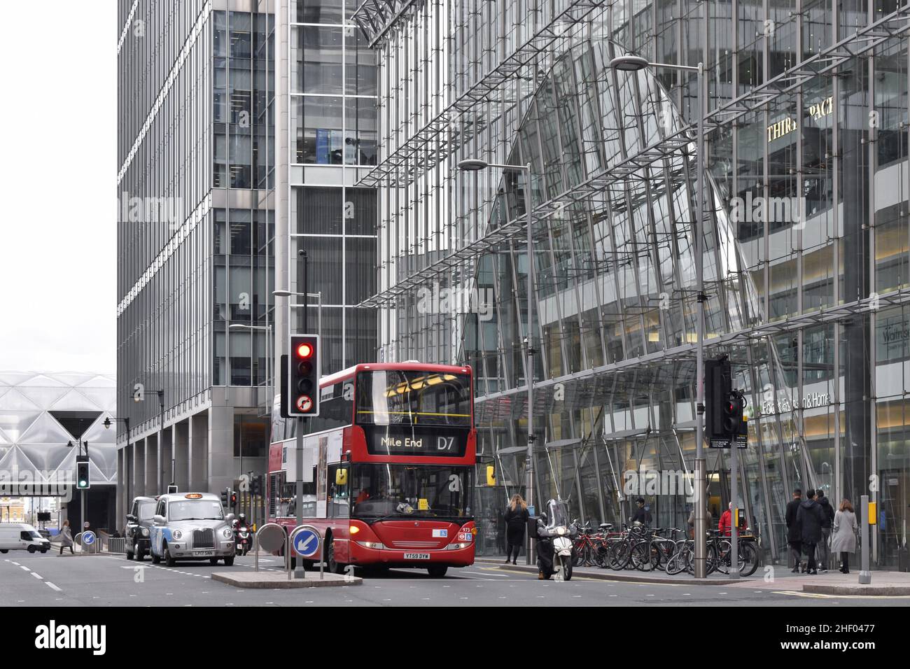 Modern glass facades and driveway, Canary Wharf London UK. Stock Photo