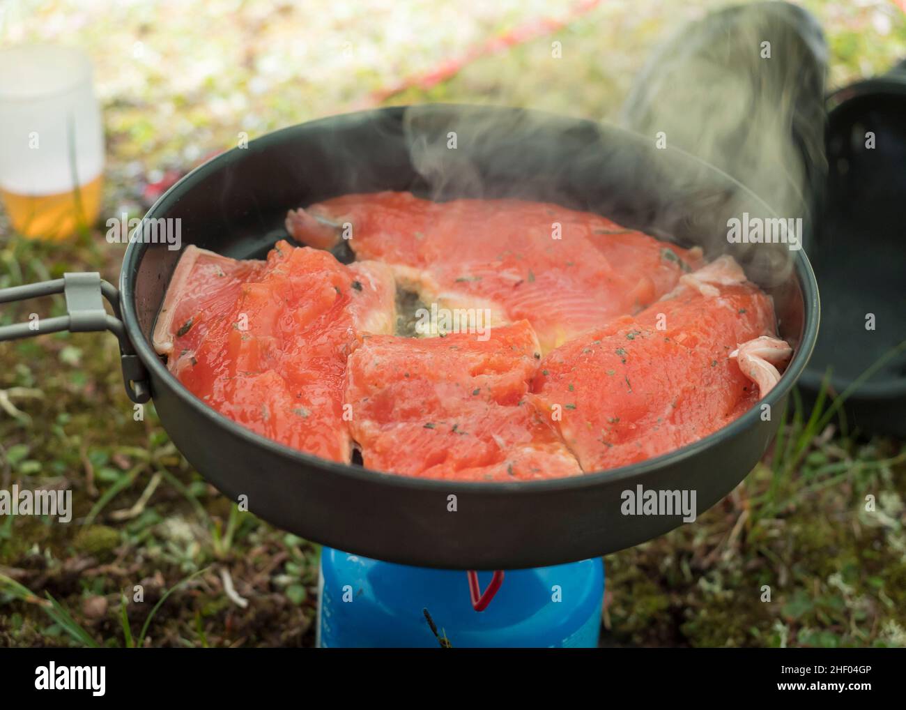 Close up of raw red trout fish fillet of freshly caught arctic char