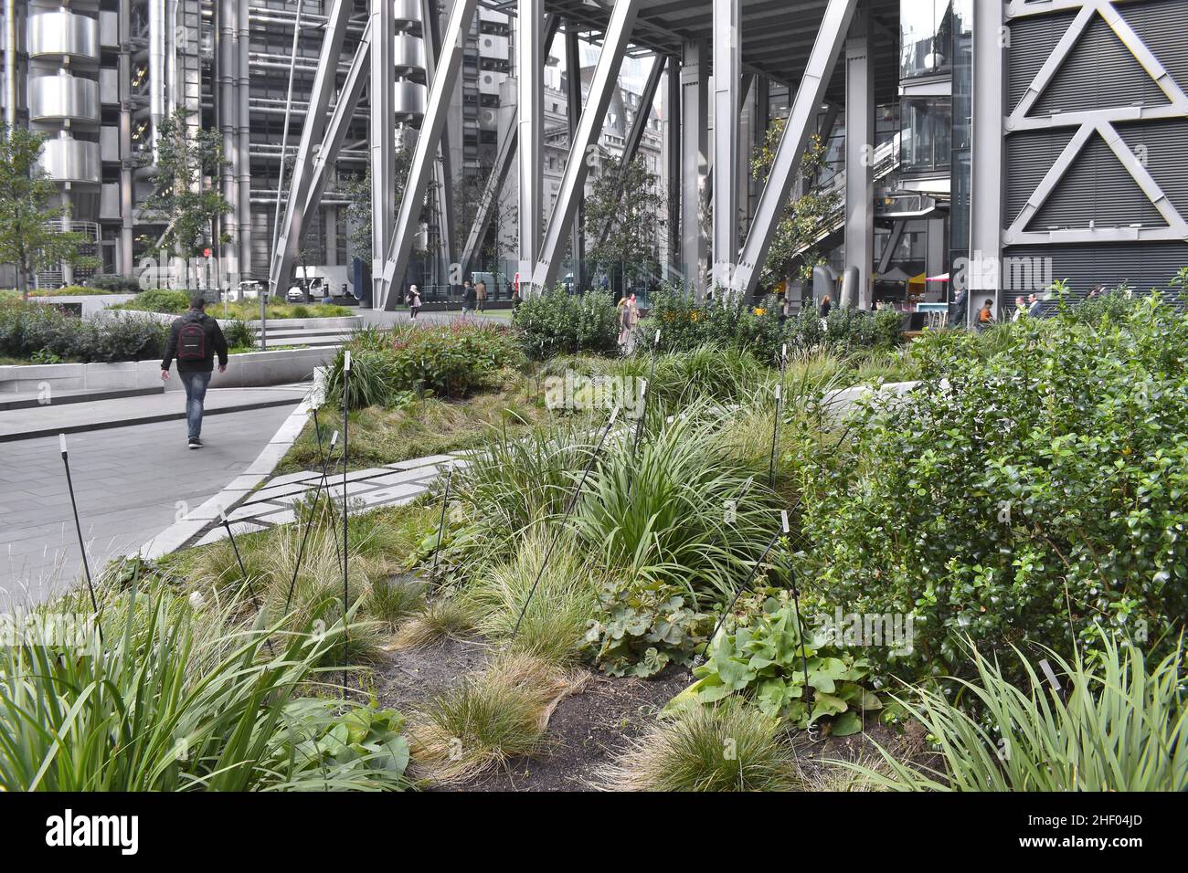 Modern office buildings and walkway with plants, City Of London UK. Stock Photo