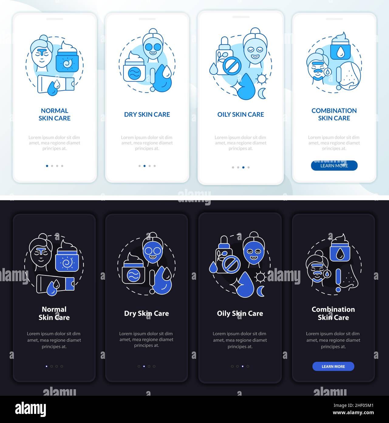 Skin types care night and day mode onboarding mobile app screen Stock ...