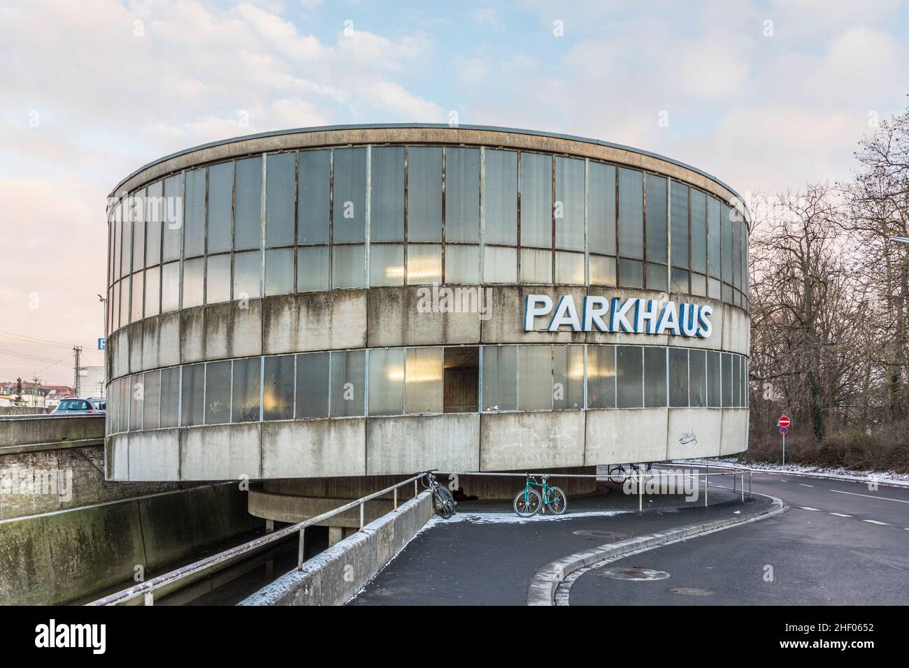 WUERZBURG, GERMANY - JAN 16, 2017: old parkhaus in the style of 1960 architecture under cloudy sky Stock Photo