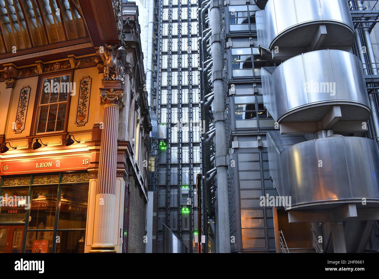 Leadenhall Market and Lloyd's Building, traditional and modern architecture styles, City of London UK. Stock Photo