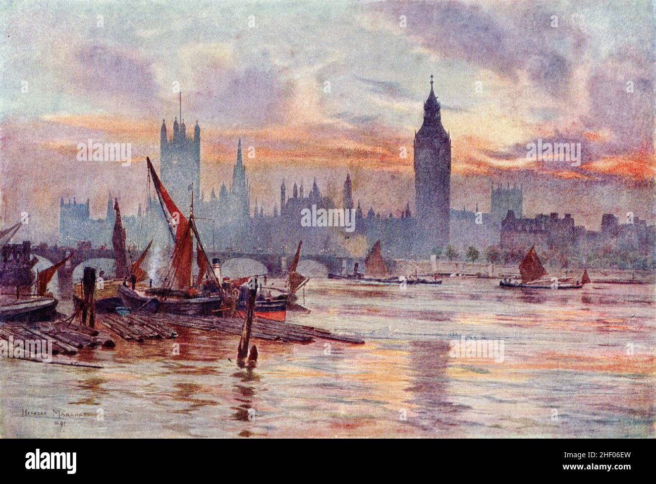 Houses of Parliament and Westminster Bridge from the South Bank; From a watercolour by Herbert Marshall 1891 Stock Photo