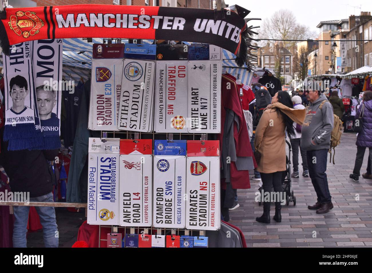Football themed merchandise displayed at Camden Town street market in