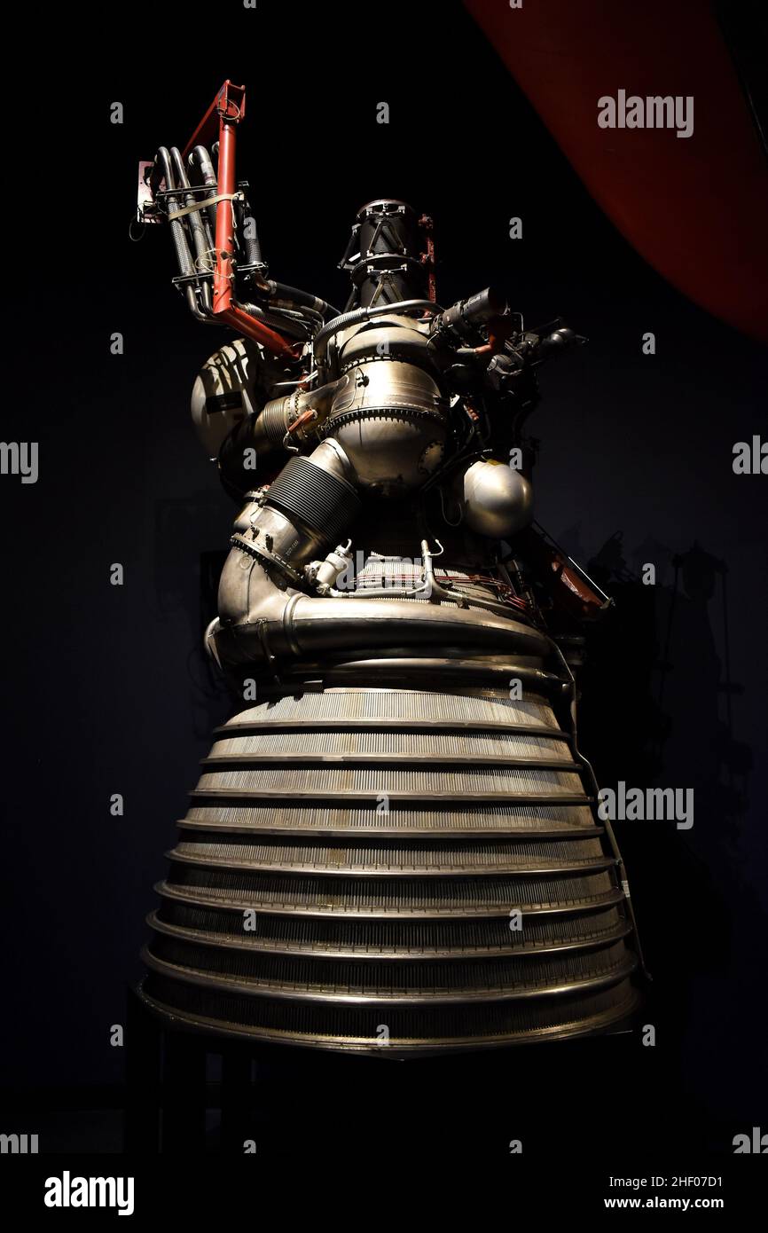 Saturn V J-2 liquid-fuel rocket engine displayed at Science Museum in London UK. Stock Photo