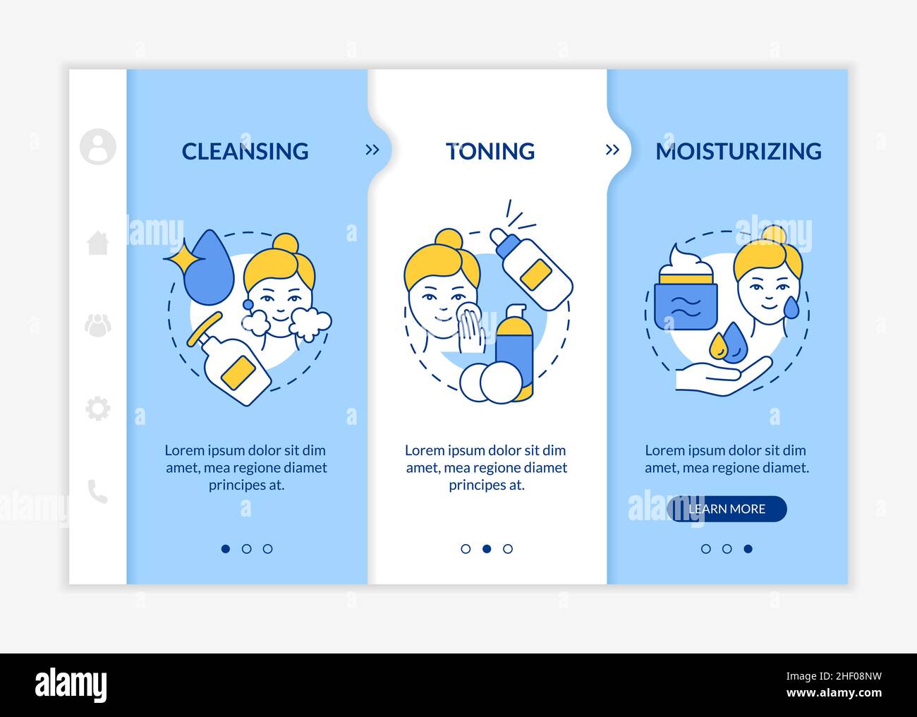 Skincare routine steps blue and white onboarding template Stock Vector