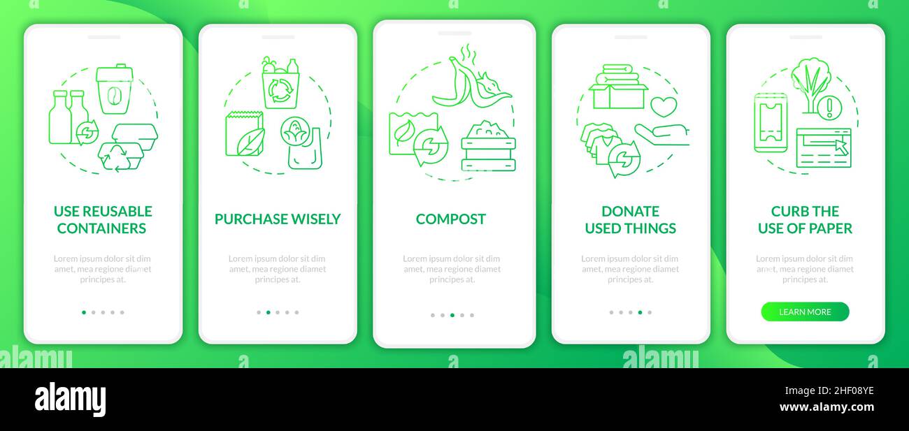 How to minimize waste green gradient onboarding mobile app screen Stock Vector