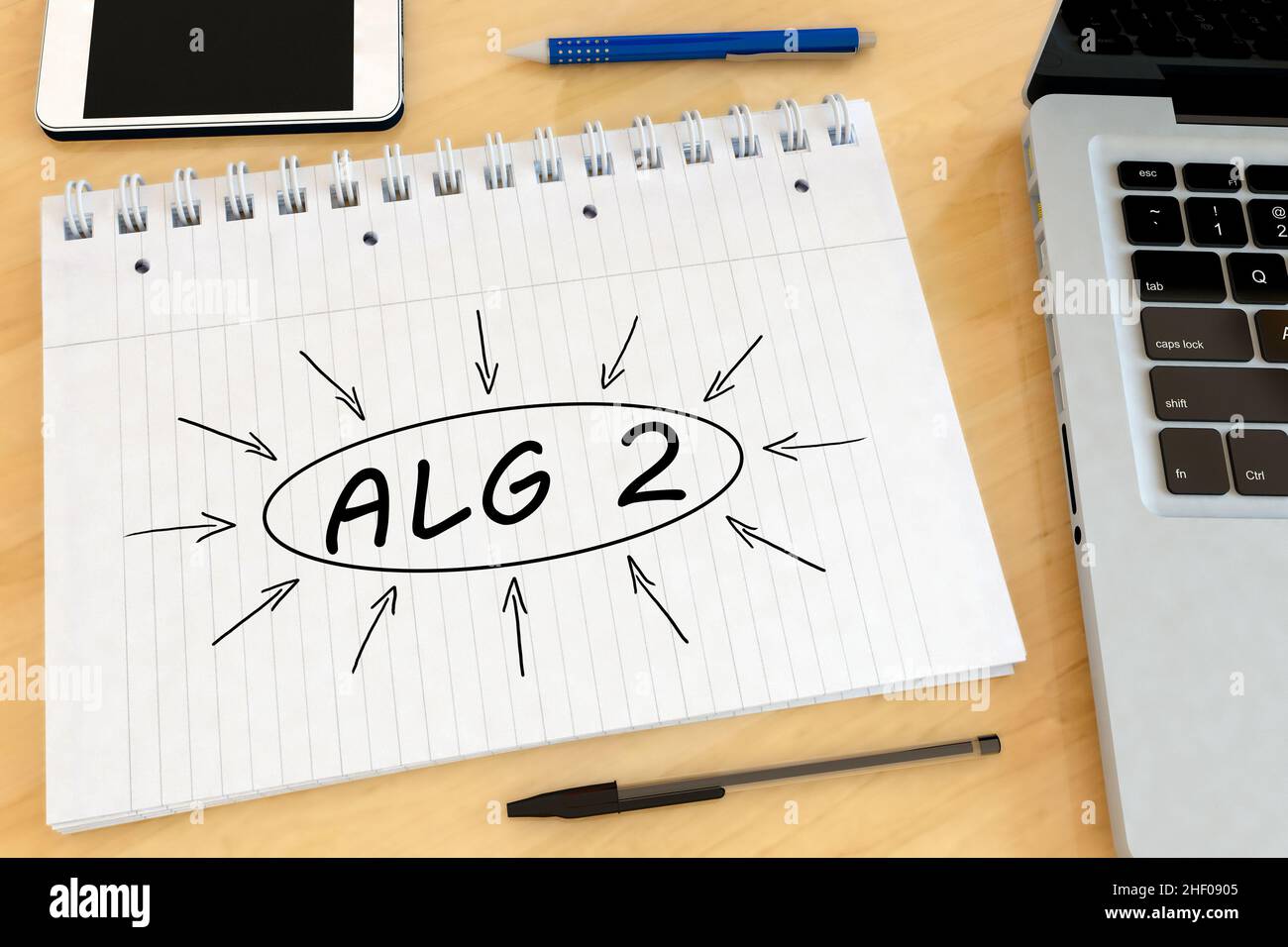 ALG2 - Arbeitslosengeld 2 - german word for unemployment benefit or dole money  - handwritten text in a notebook on a desk - 3d render illustration. Stock Photo