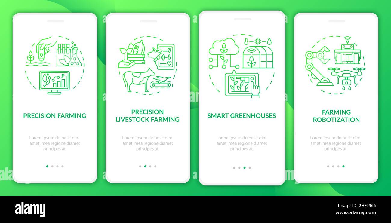 Precision agriculture green gradient onboarding mobile app screen Stock Vector