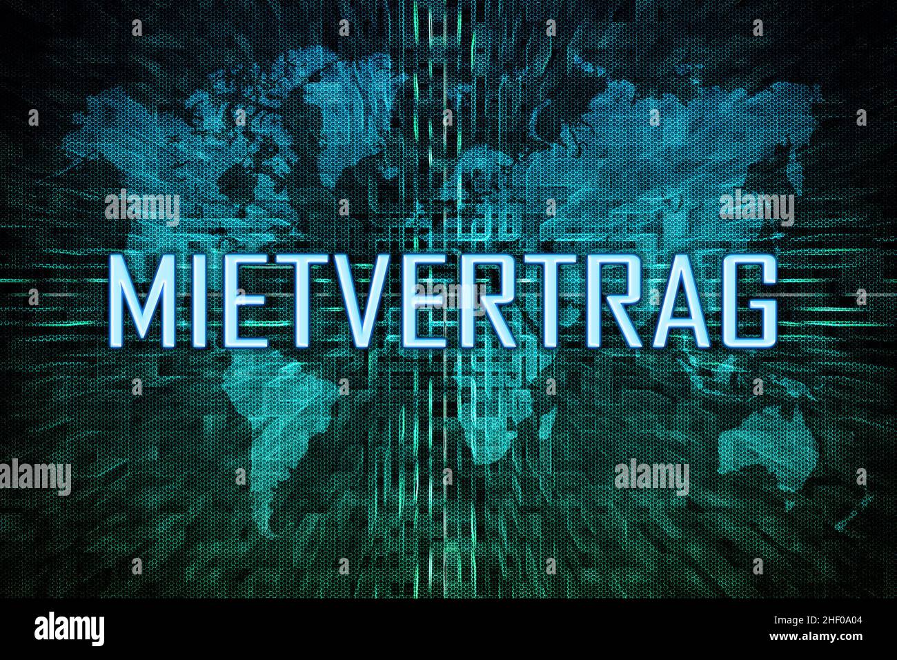 Mietvertrag - german word for rent contract or lease agreement - text concept on green digital world map background. Stock Photo