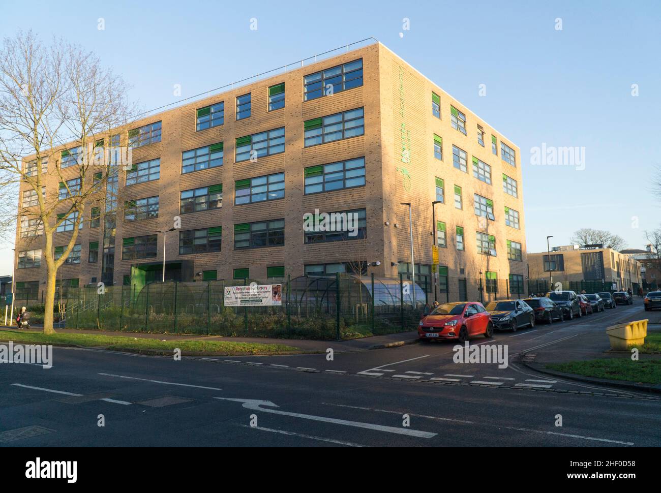 London, UK, 12 January 2022: The Harris Academy secondary school in Clapham, which teaches secondary school children from years 7 to 11. The Academy programme has opened education up to private companies, introduced a profit-motif into the sector and removed schools from local authority control. The Harris Federation is a not-for-profit charitable organisation set up by Lord Harris of Peckham, formerly Philip Harris who was chief executive of Carpetright. Anna Watson/Alamy Stock Photo