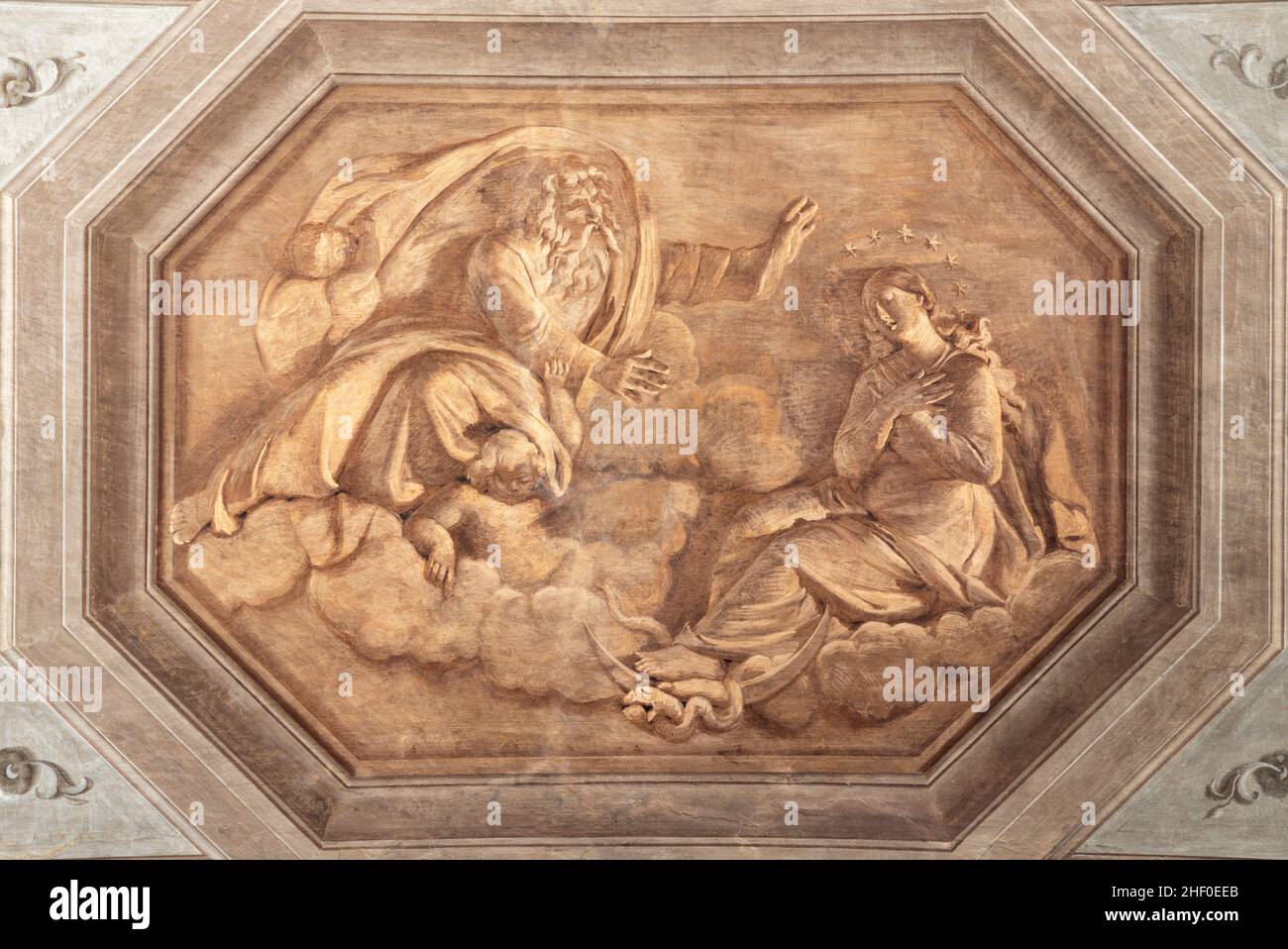 ROME, ITALY - AUGUST 31, 2021: The fresco of God the Father and the Immaculate Conception in church Santa Maria della Concezione dei Cappuccini. Stock Photo