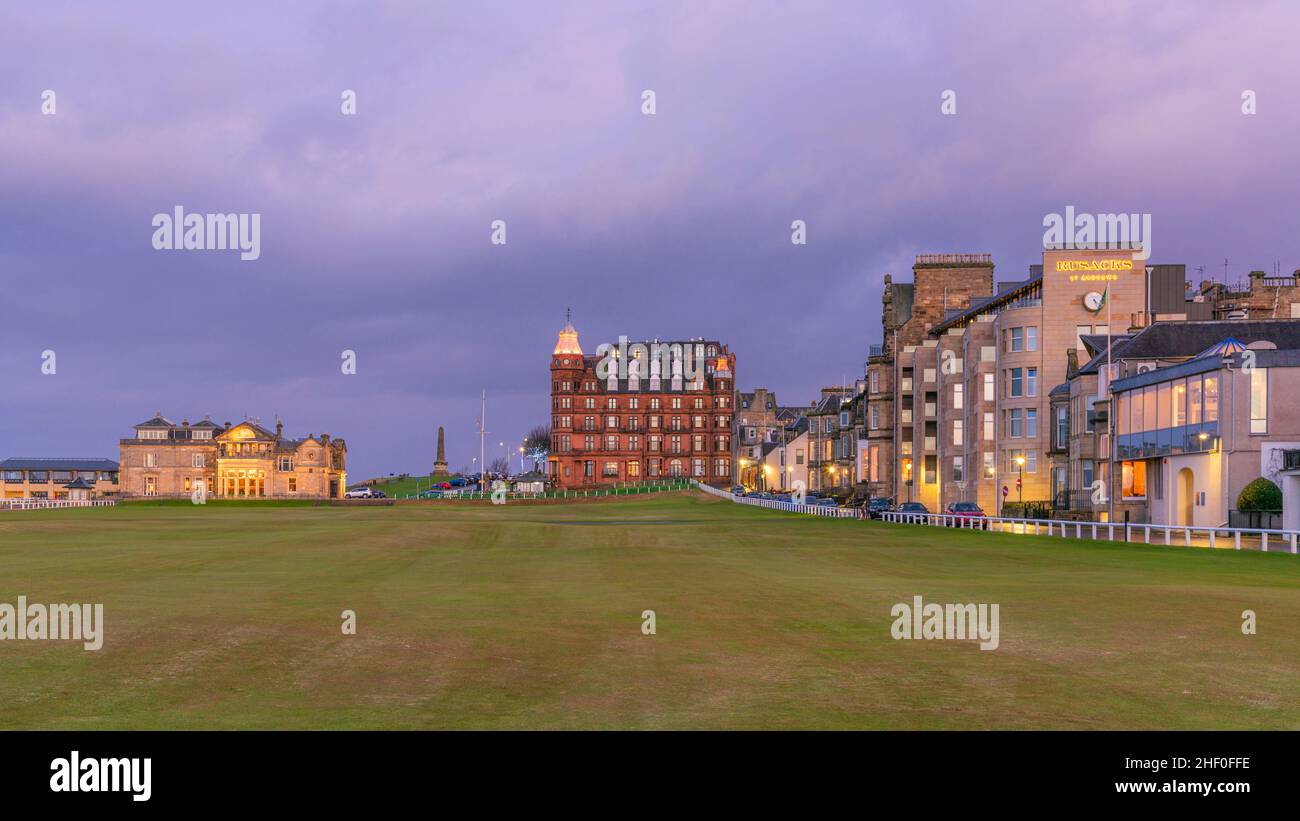This is a view looking up the 18th fairway of the Old Course, St. Andrews Links in the county of Fife, Scotland, UK Stock Photo