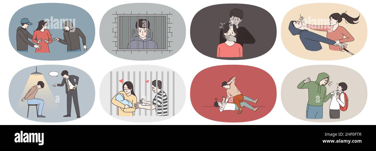 Set of criminal threaten victim show violence and abusive behavior. Convicted thief or bandit arrested for misdemeanor or crime, sit in jail or prison. Law and order. Flat vector illustration.  Stock Vector