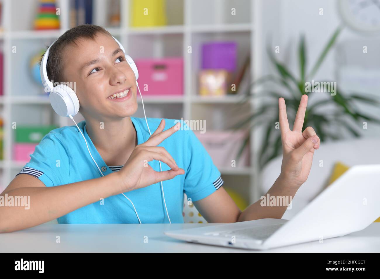 Portrait of boy using modern laptop at home Stock Photo - Alamy