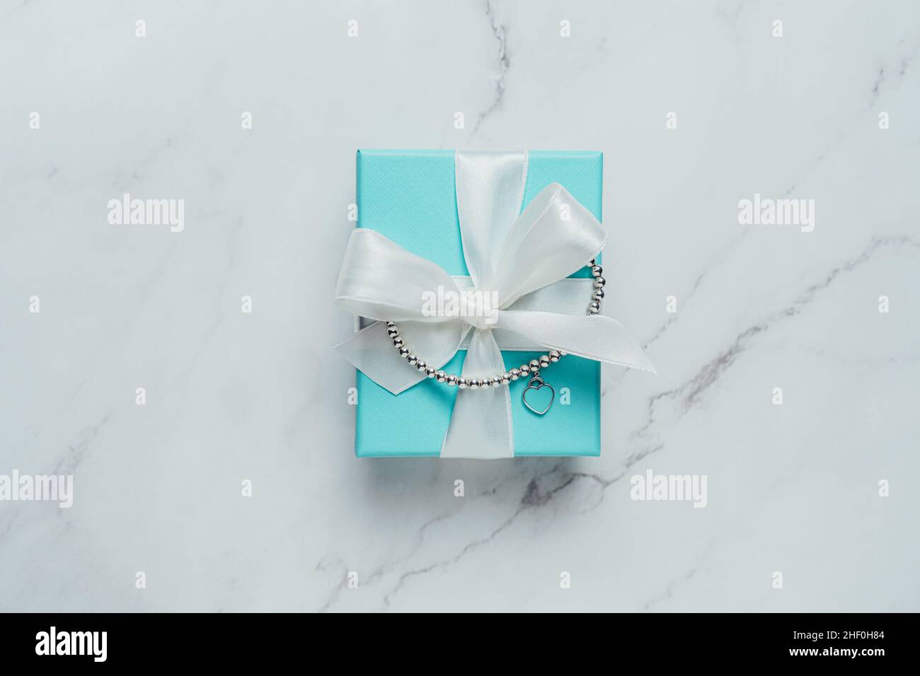 Barcelona, Spain January 2022. Tiffany and Co branded gift box with