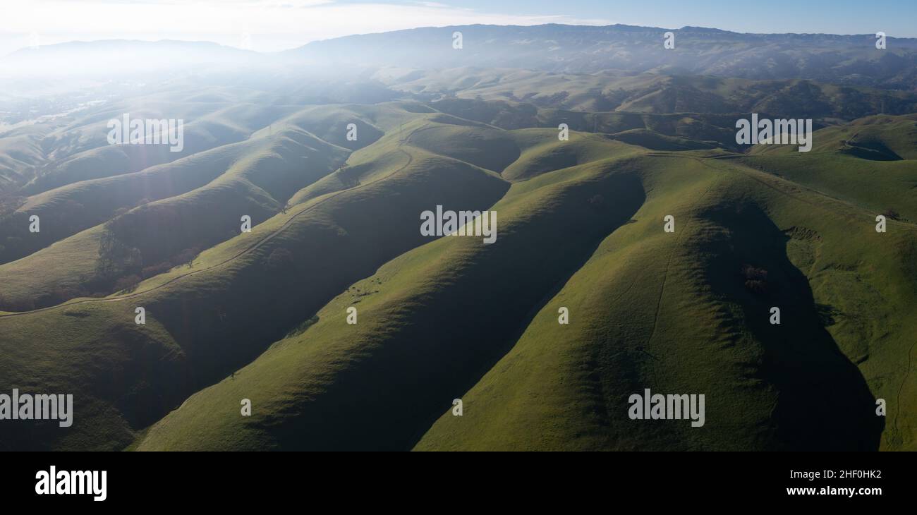 Early morning light shines on the scenic, rolling hills and valleys of the Tri-valley area of Northern California, just east of San Francisco Bay. Stock Photo