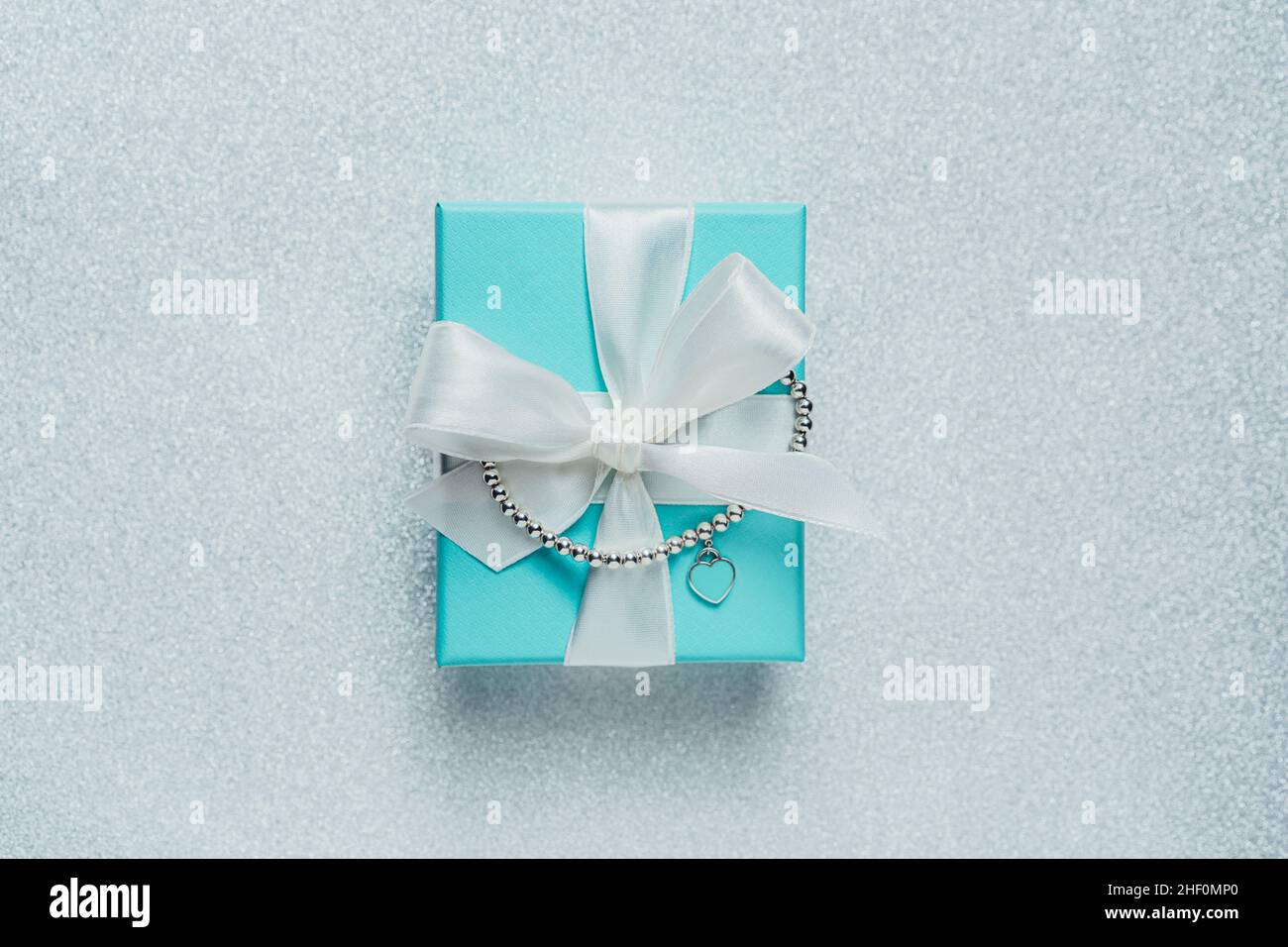 Barcelona, Spain January 2022. Tiffany and Co branded gift box with