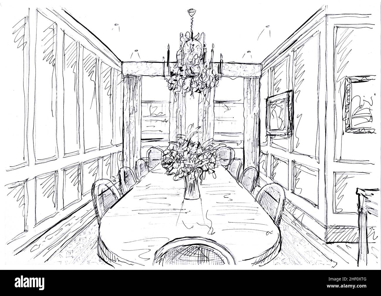Dining Room Home Interior Graphic Black White Vertical Sketch Illustration  Vector Stock Illustration  Download Image Now  iStock
