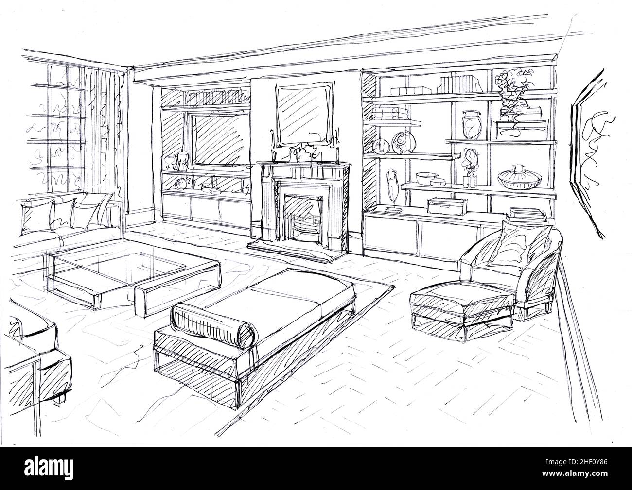 Black and white sketch for a lounge furnished in a modern style Stock Photo  - Alamy