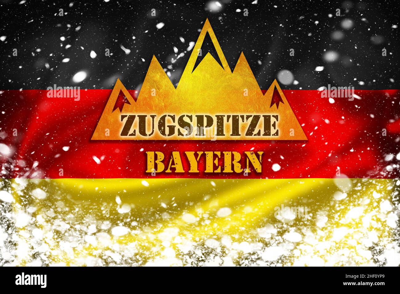 Zugspitze Bayern peak banner illustration on German flag and snow layer, famous destination in Alps, Germany Stock Photo