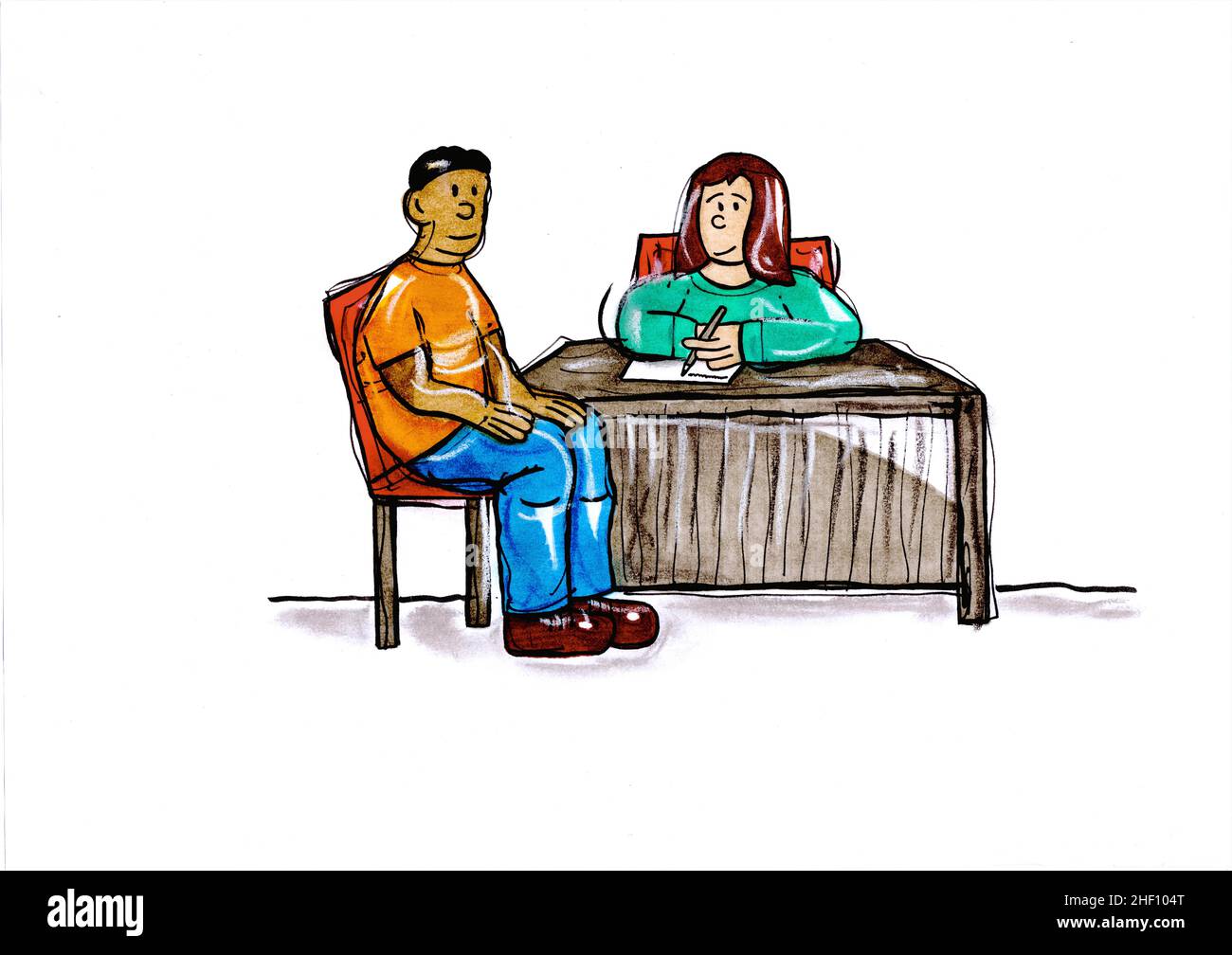 Cartoon of a young man and lady sitting at a desk on a white background. Stock Photo