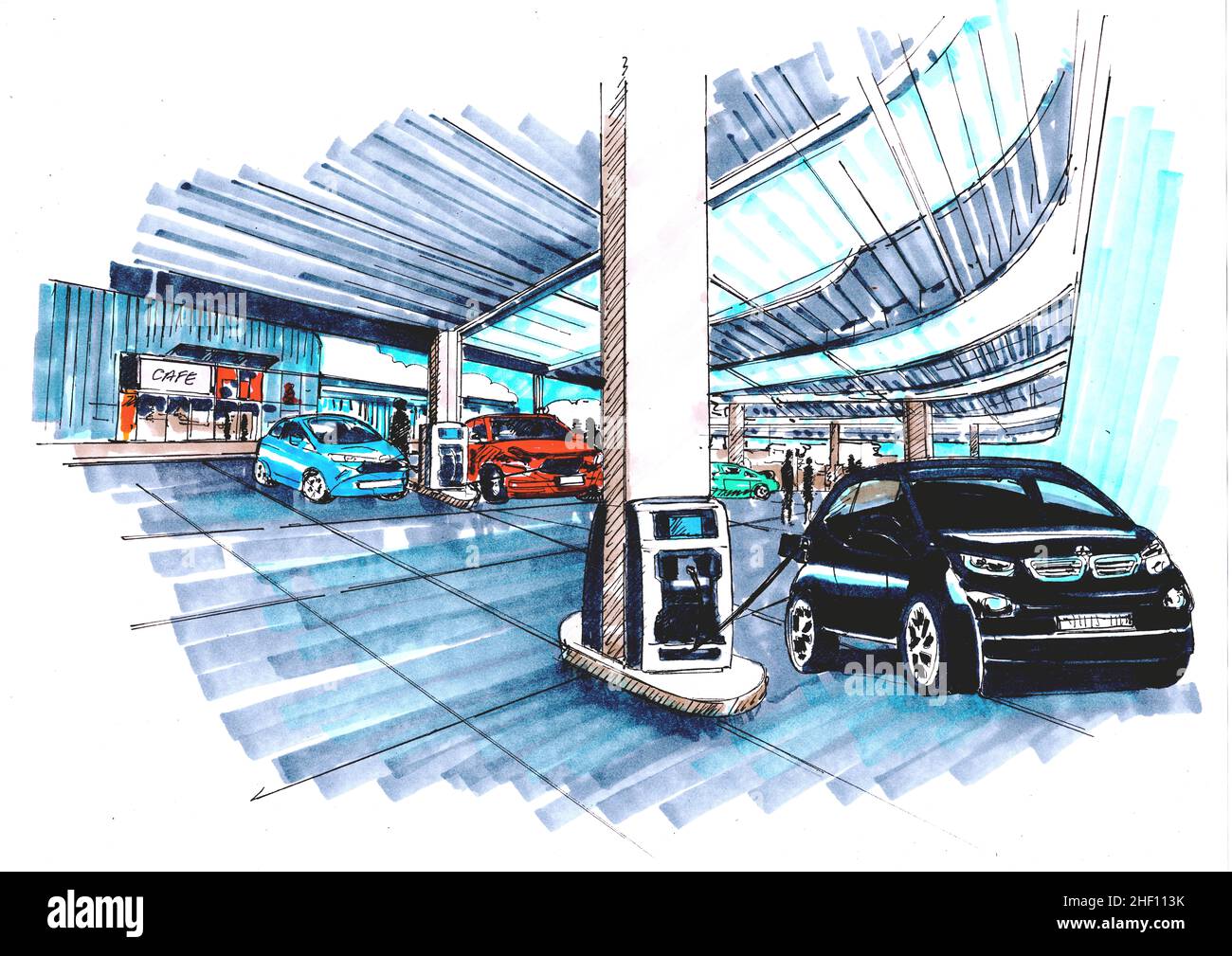 Sketch for electric cars being re-charged at a hub with cafe. Stock Photo