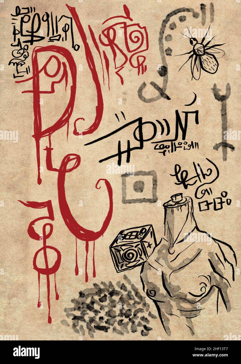 necronomicon like horror illustrated book page illustration Stock Photo ...