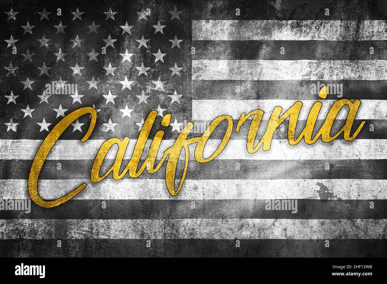 California USA banner illustration on grunge black and white US flag, travel destination in United stares of America Stock Photo