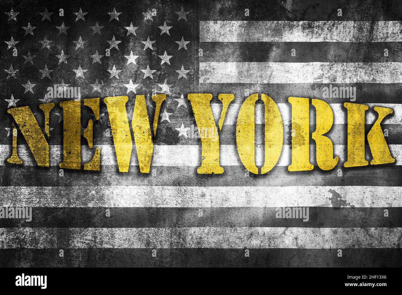New York USA banner illustration on grunge black and white US flag, travel destination  in United stares of America Stock Photo