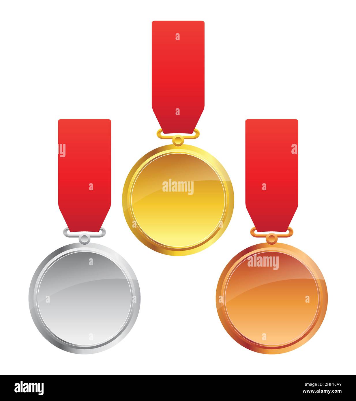 classic olympic sports medals gold silver and bronze with red ribbons