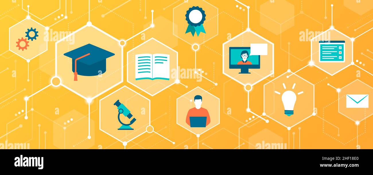 Online learning and digital courses: icons connecting together and education concepts Stock Vector
