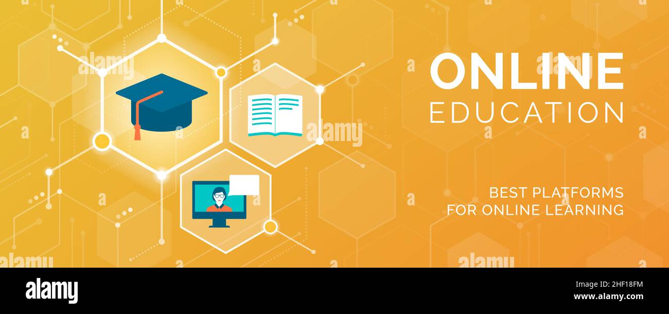 Online learning and digital courses: icons connecting together and education concepts Stock Vector
