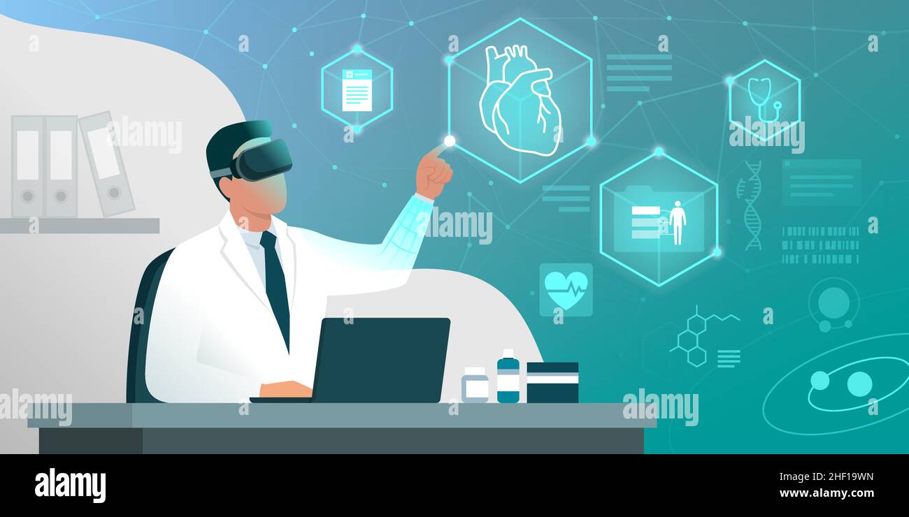 Doctor sitting at desk and working in his office, he is interacting with virtual reality and checking electronic medical records of his patients Stock Vector