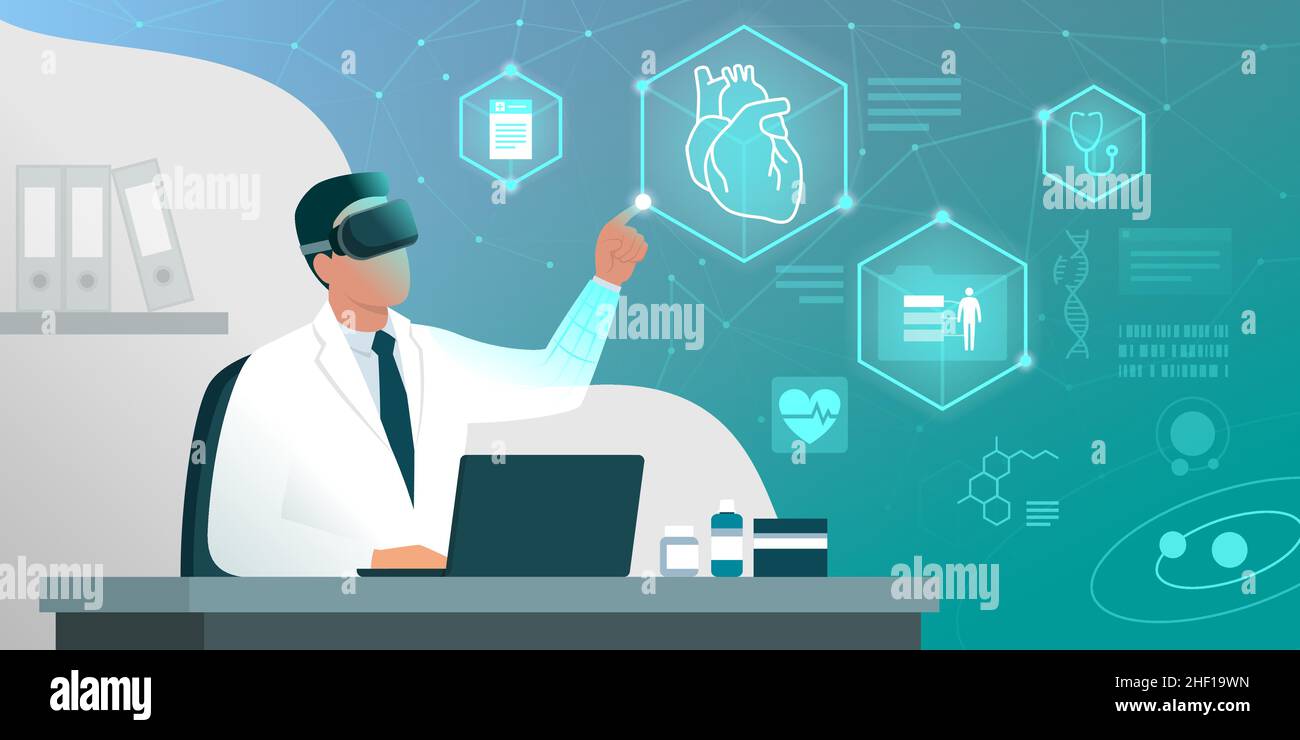 Doctor sitting at desk and working in his office, he is interacting