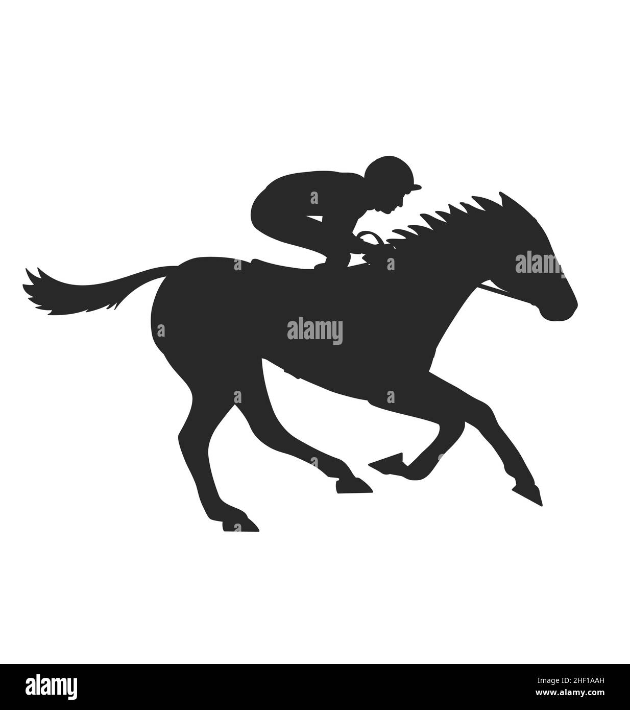 galloping fast race horse with jockey silhouette side view vector isolated on white background Stock Vector