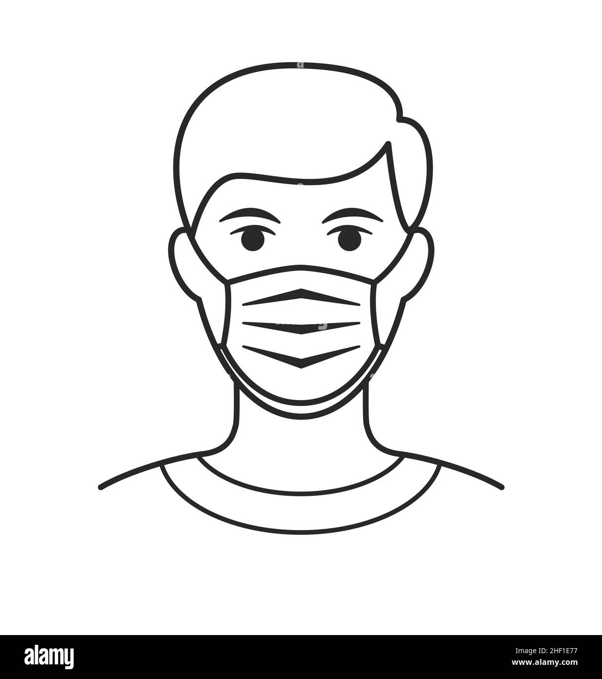 man with facemask face mask against coronavirus covid19 covid 19 simple line drawing vector isolated on white background Stock Vector