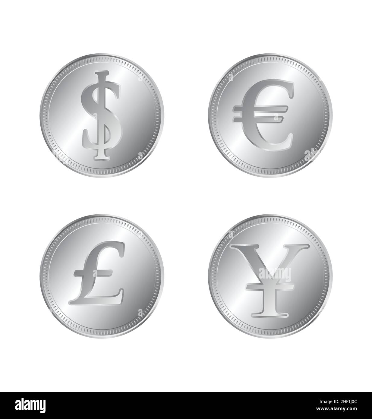 shiny silver dollar euro pound yen coins money set of 4 vector isolated ...