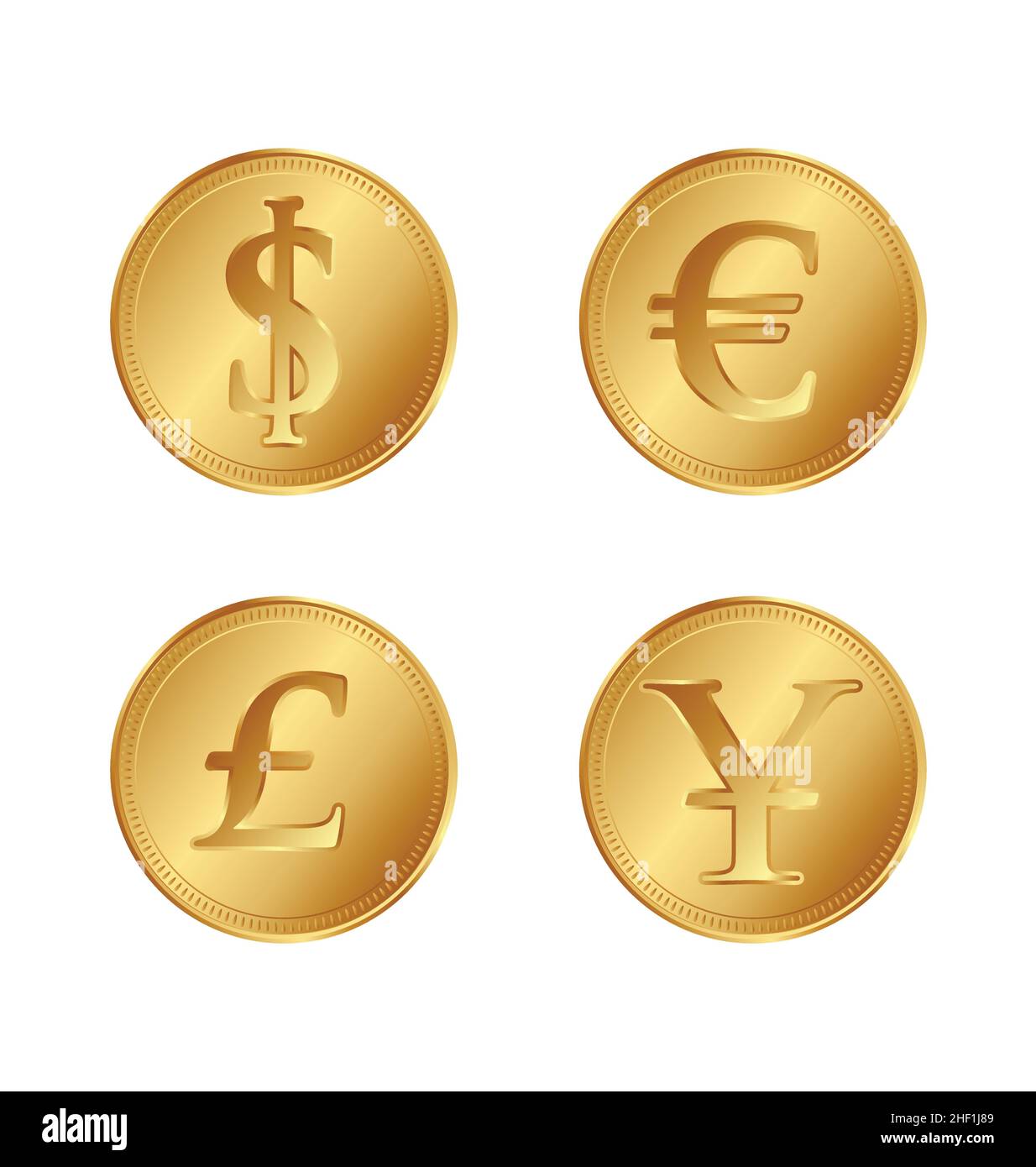 shiny gold dollar euro pound yen coins money set of 4 vector isolated ...
