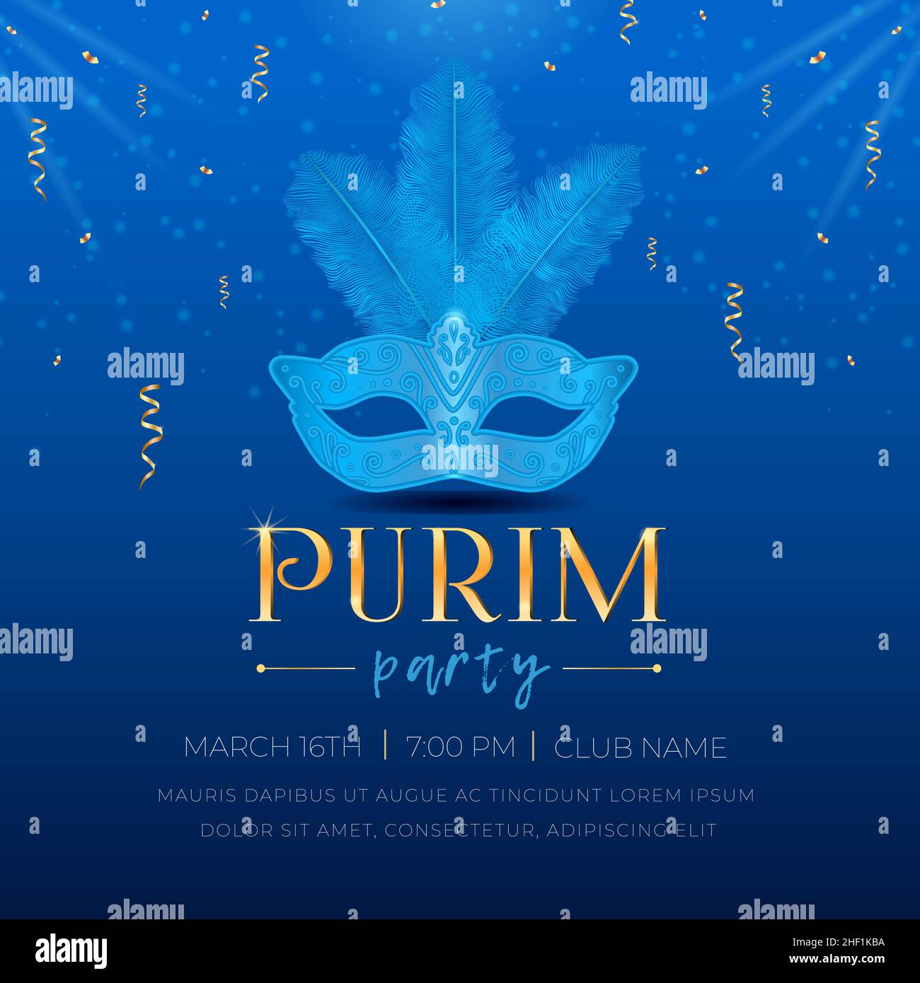 Happy Purim, Jewish holiday celebration party invitation. Masquerade Carnival mask with feathers, sparkles, golden serpentine, and 3d text on blue bac Stock Vector