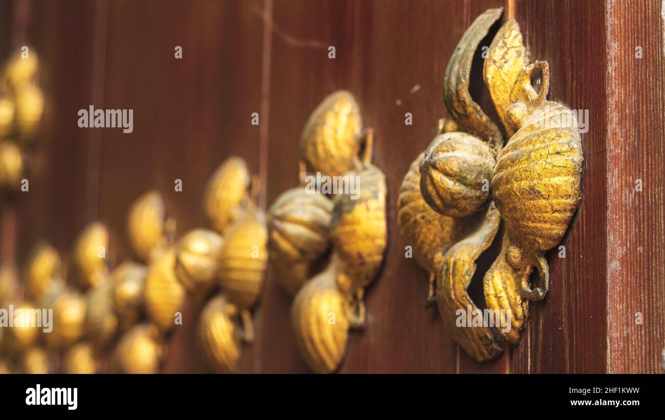 Detalle floral dorado de una puerta antigua de madera en Córdoba, España Stock Photo