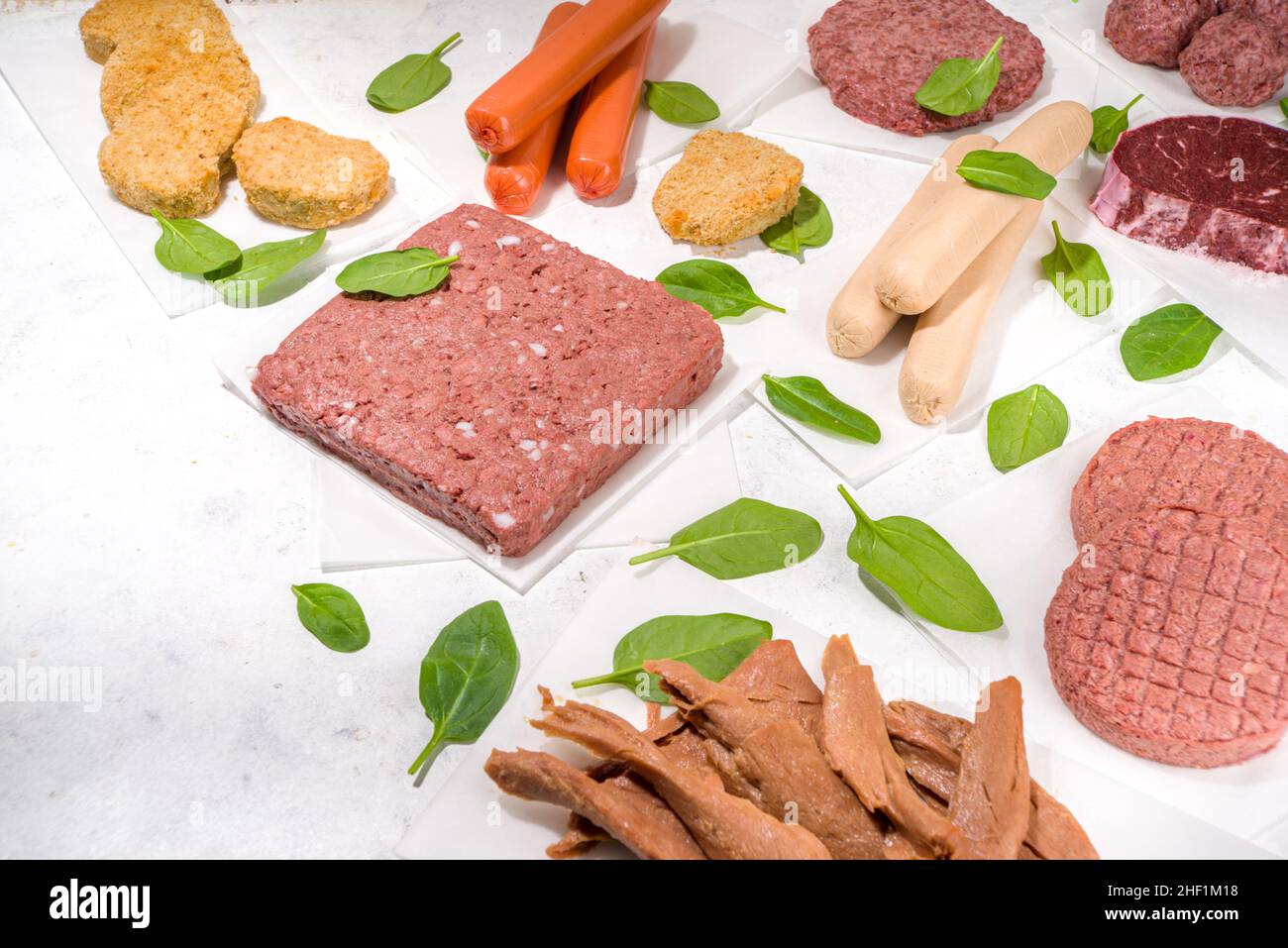 Green meat, various vegan plant based meat alternatives in different kinds steak, minced meat