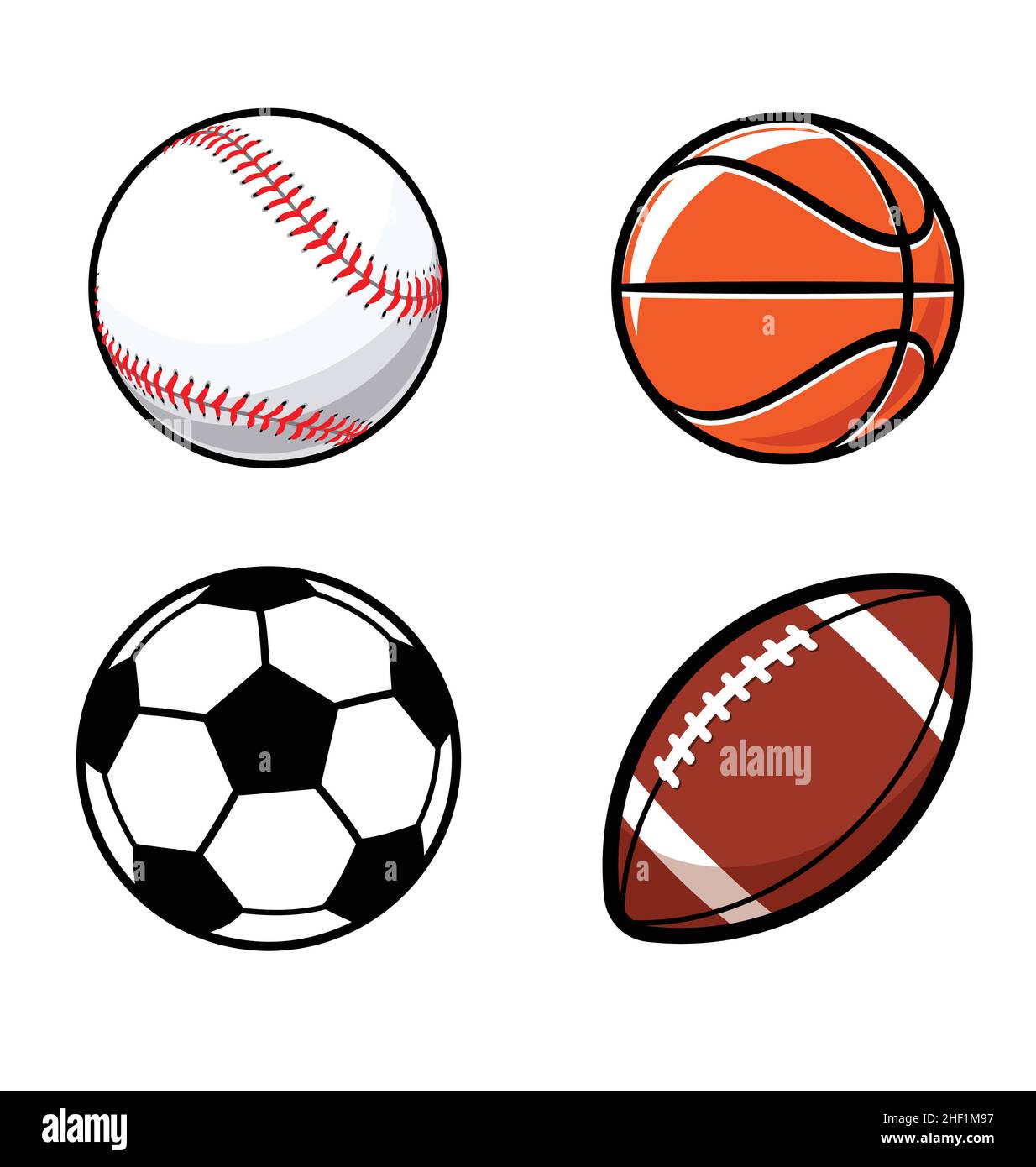 various cartoon stylized american sports balls baseball basketball soccer football gridiron vector isolated on white background Stock Vector